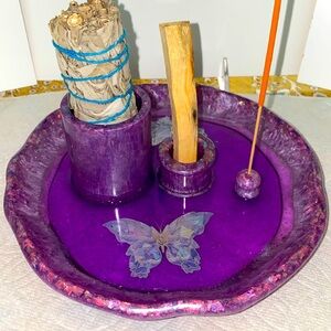 Purple Incense Sage Palo Santo Holder Set with Butterfly Design